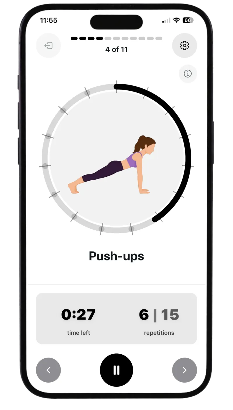 iPhone showing a Stepflow push-up, with 27 seconds left and 6 of 15 repetitions